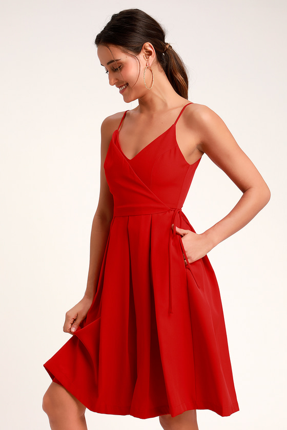 Cute Red Dress - Faux Wrap Dress - Midi ...